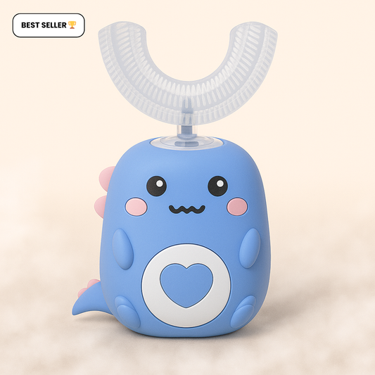 Blue cartoon shark-shaped dental device with a heart on a beige background SWEVVA™ DinoBrush 360° U-Shaped Kids Toothbrush