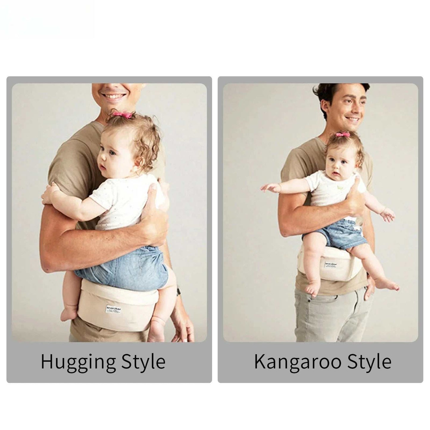Man carrying baby in beige Baby Hold Stool Carrier demonstrating hugging and kangaroo styles