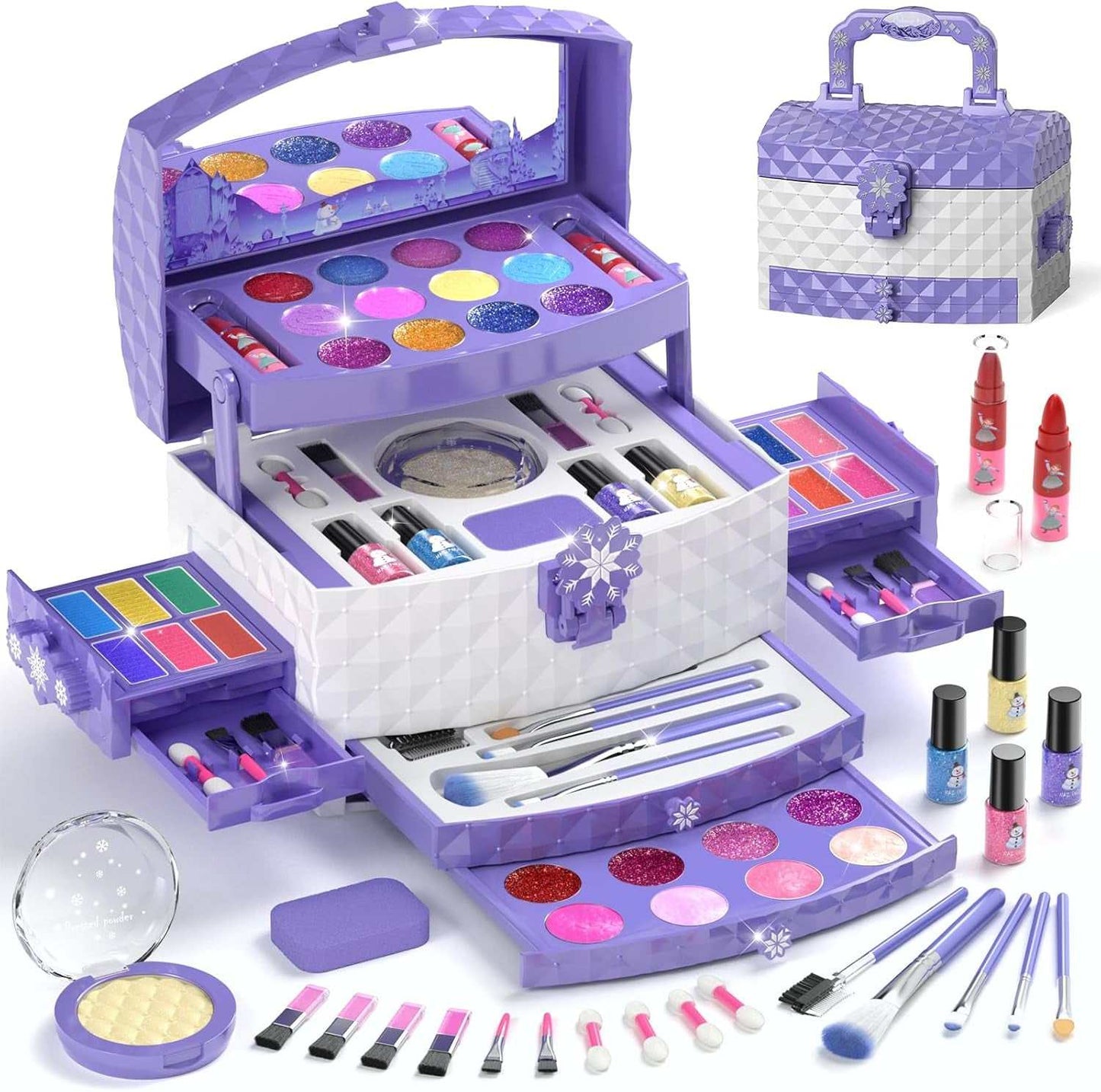 Kids Makeup Kit for Girls 56 pcs non-toxic washable cosmetic set with brushes and colorful makeup in sturdy carry case for ages 3 to 10