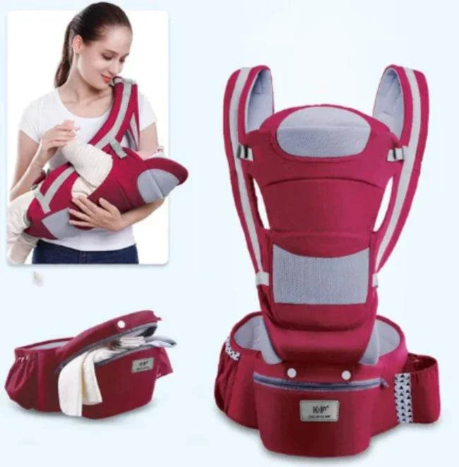 Ergonomic baby waist stool carrier in red with adjustable straps and breathable fabric for hands-free baby support