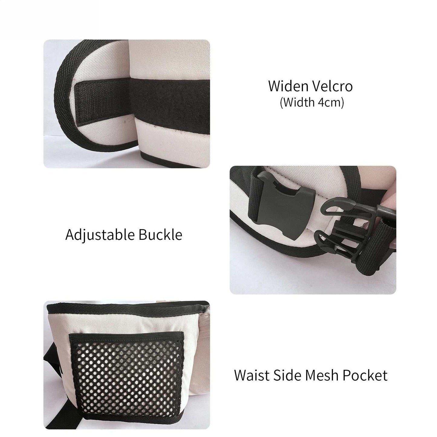 Adjustable buckle and widened Velcro on baby hold stool carrier with waist side mesh pocket