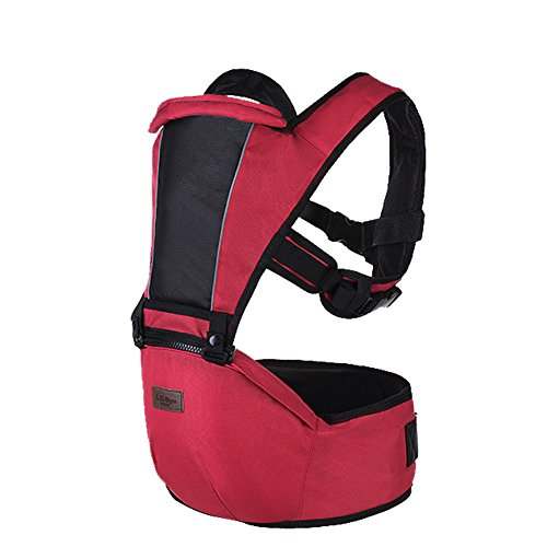 Red baby carrier with black accents on a white background