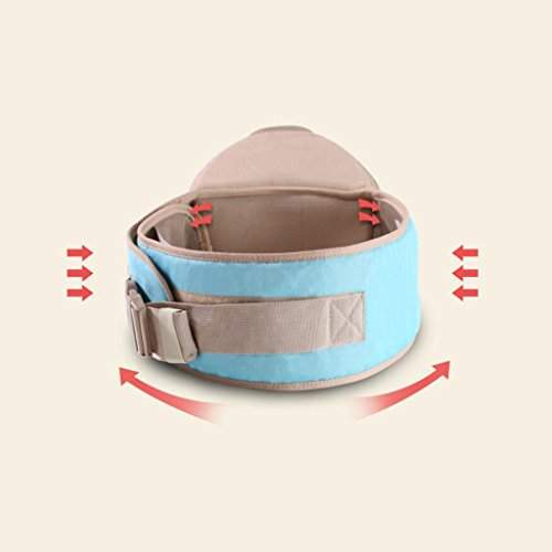 Baby carrier with a blue育儿带 and beige head support on a beige background