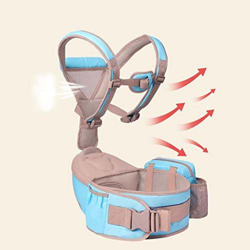 Baby carrier with blue and beige design on a beige background