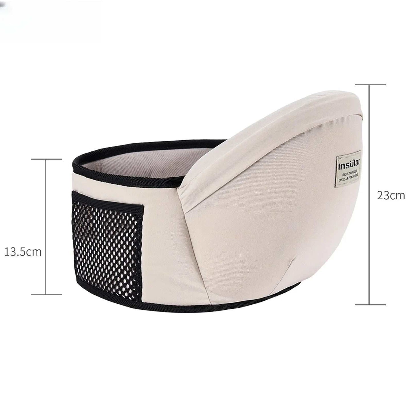 Beige baby hold stool carrier with mesh side pocket and ergonomic design, dimensions 23cm height by 13.5cm width