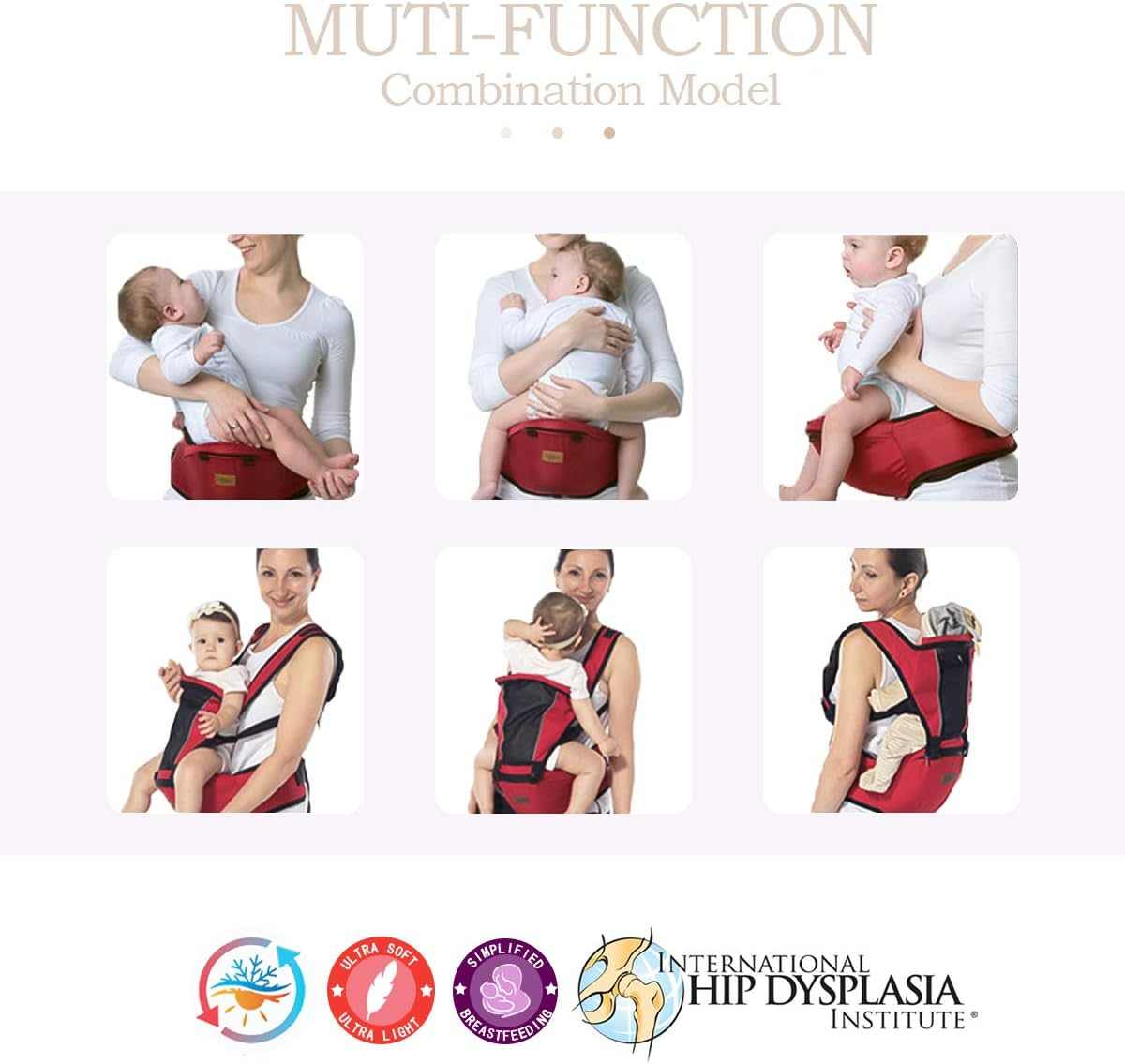 Multi-function baby carrier with various usage scenarios on a white background, featuring the International Hip Dysplasia Institute logo.
