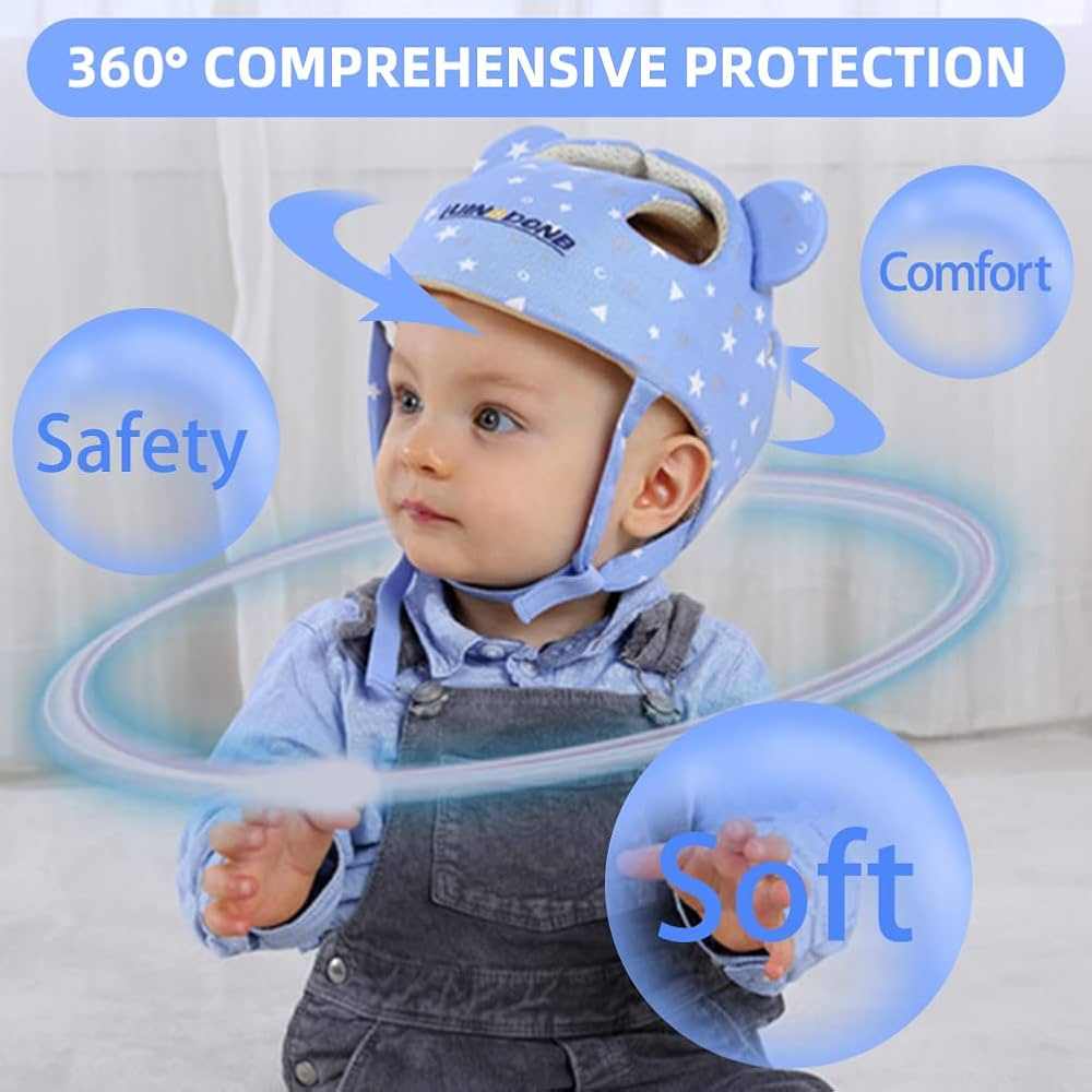 Child wearing a blue helmet with text highlighting safety, comfort, and softness on a light background