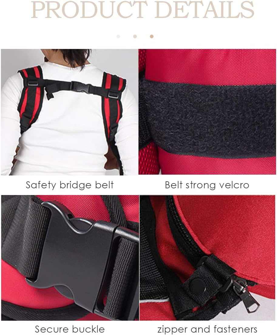 Product details of a red and black backpack with safety features.