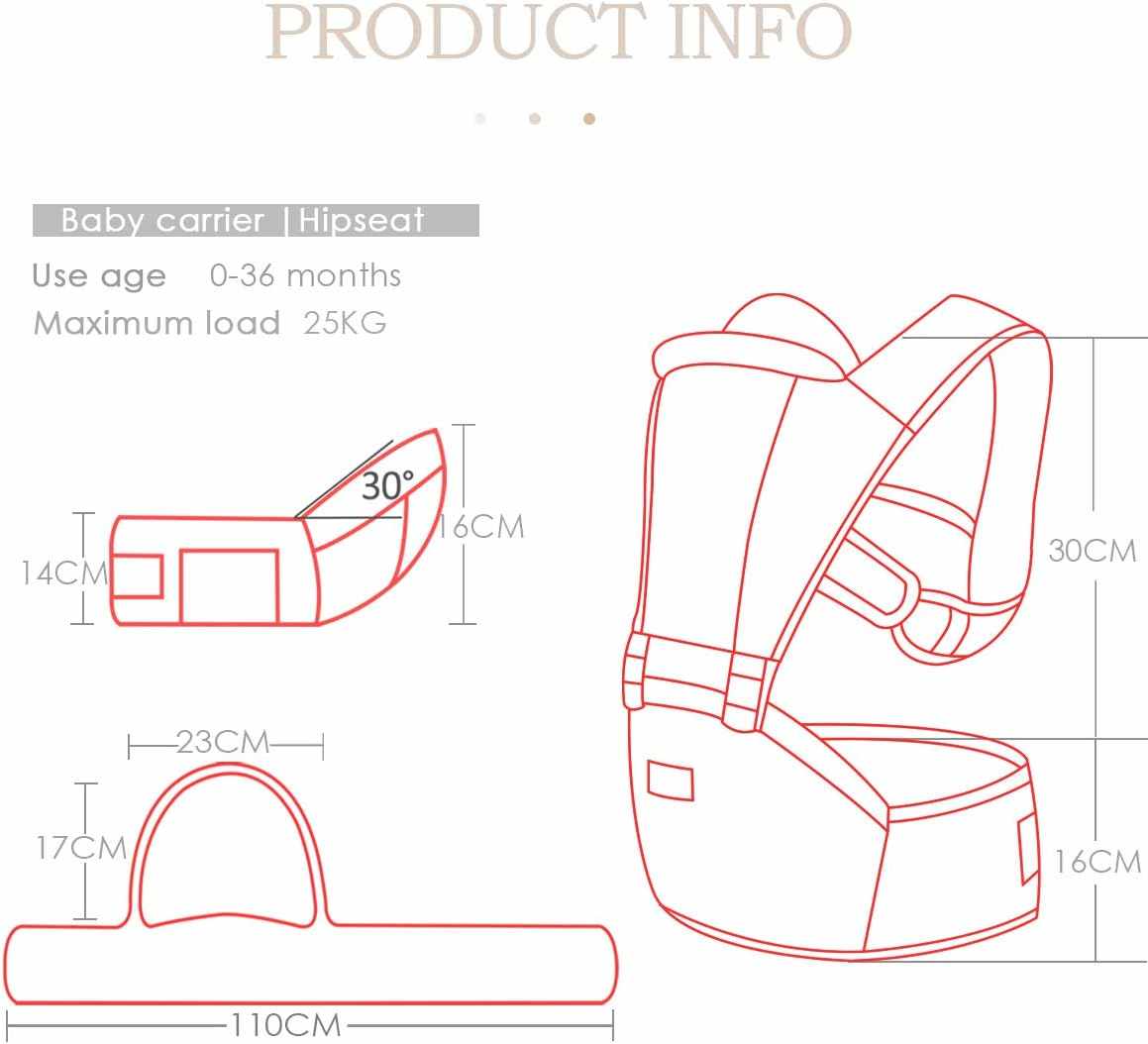 Line drawing of a baby carrier with dimensions on a white background
