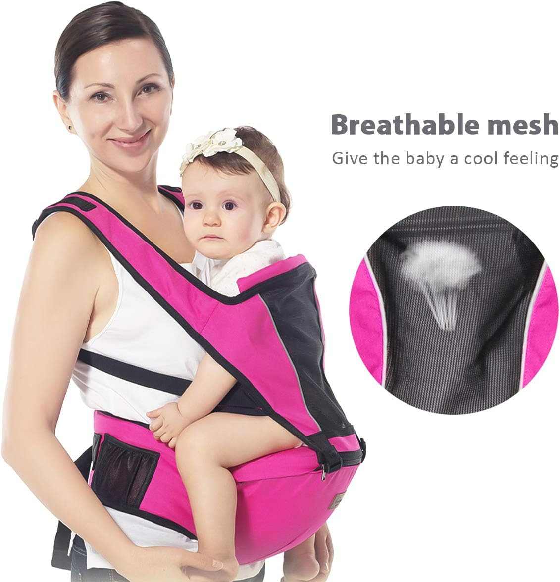 Woman holding a baby in a pink and black baby carrier with a close-up of the breathable mesh.