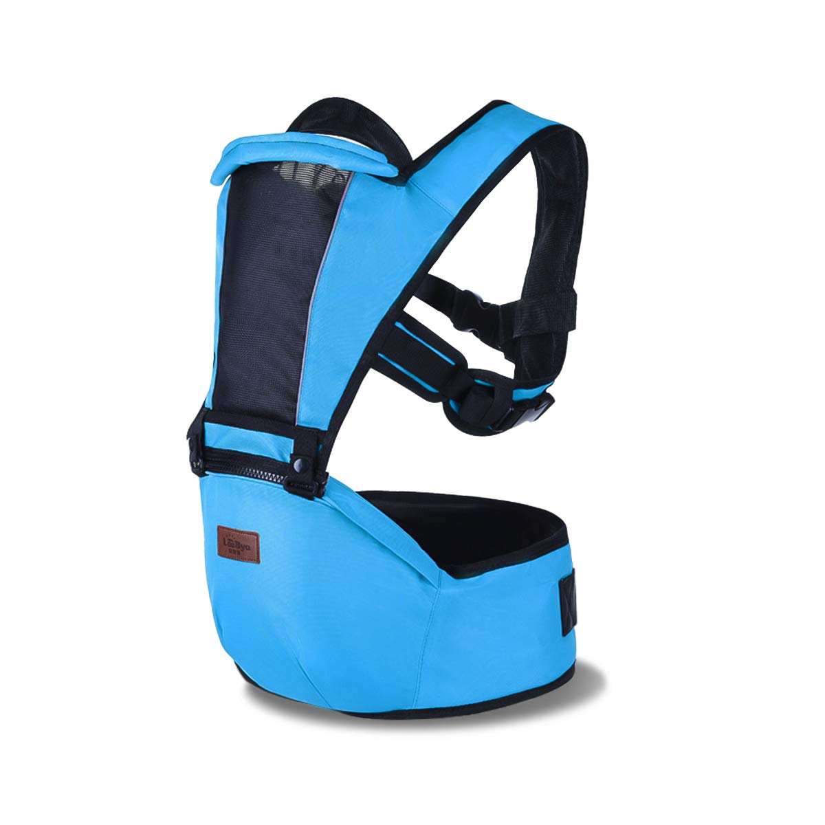 Blue baby carrier with black accents on a white background