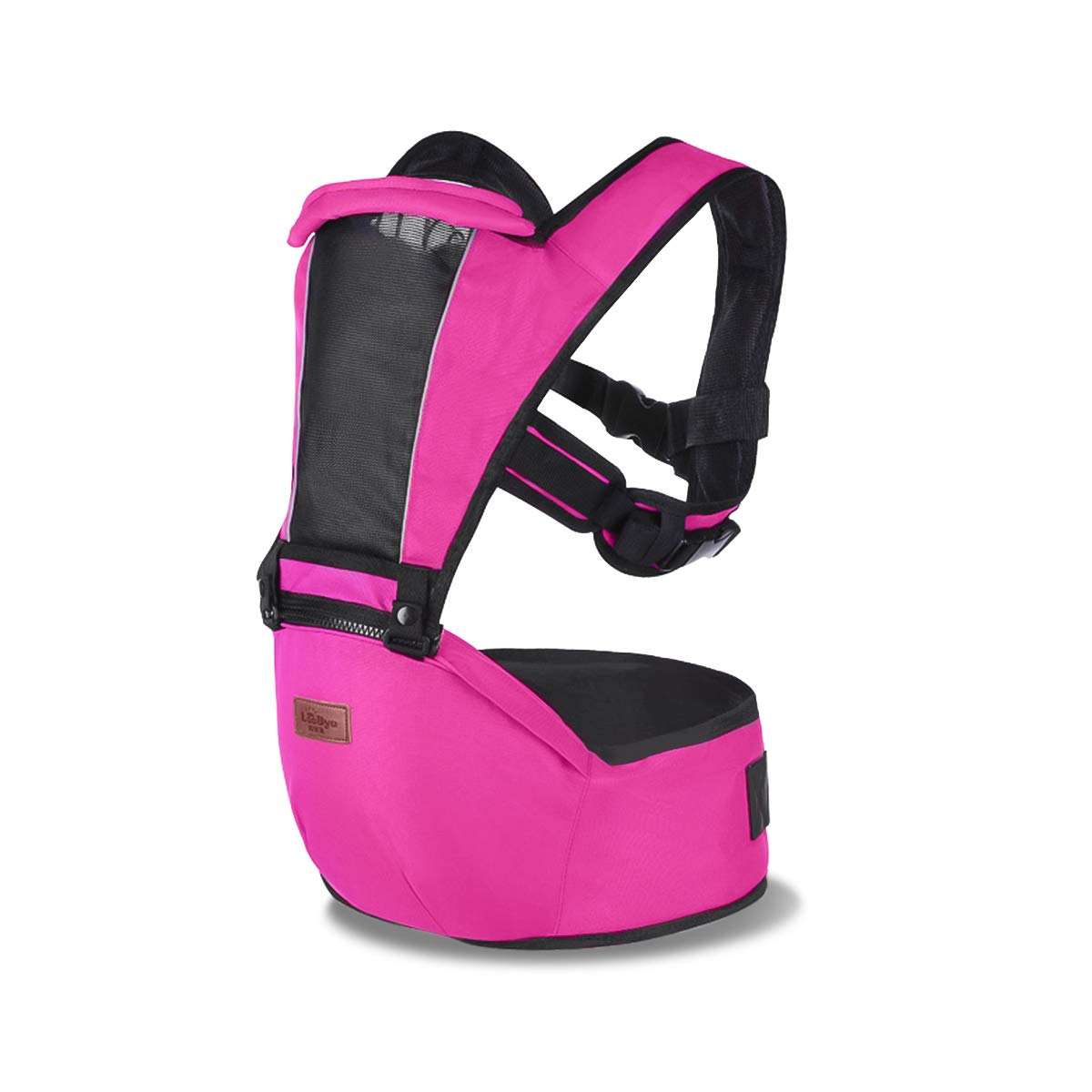 Pink and black baby carrier on a white background