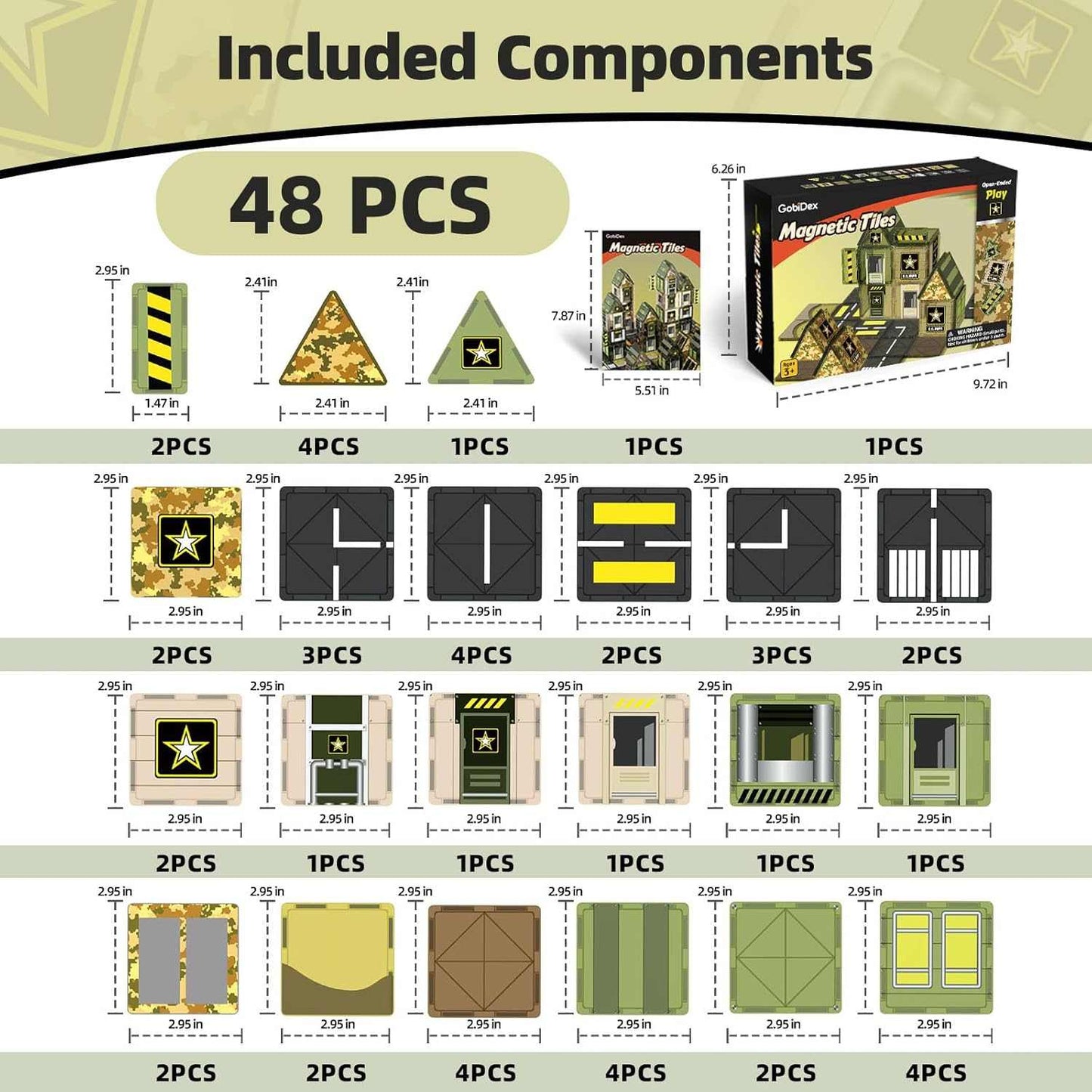 List of included components with quantities and dimensions for a magnetic tile set.