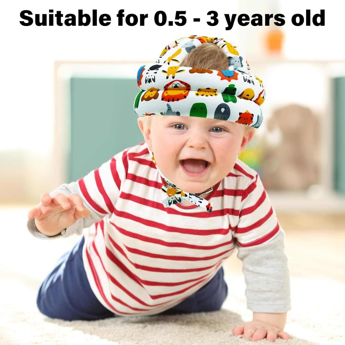 Baby wearing a colorful headband with cartoon designs, suitable for ages 0.5 to 3 years old.