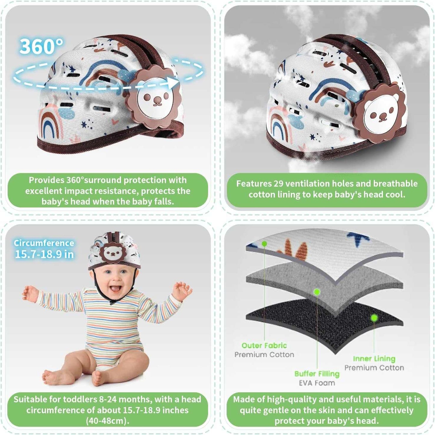 Baby helmet with features and benefits displayed on a gray background