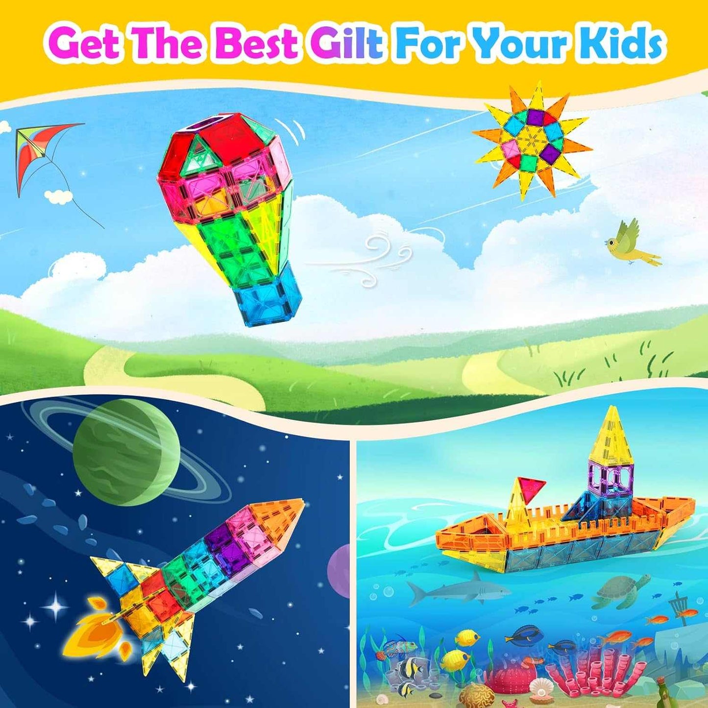 Promotional image for children's toys with colorful building blocks in various settings.