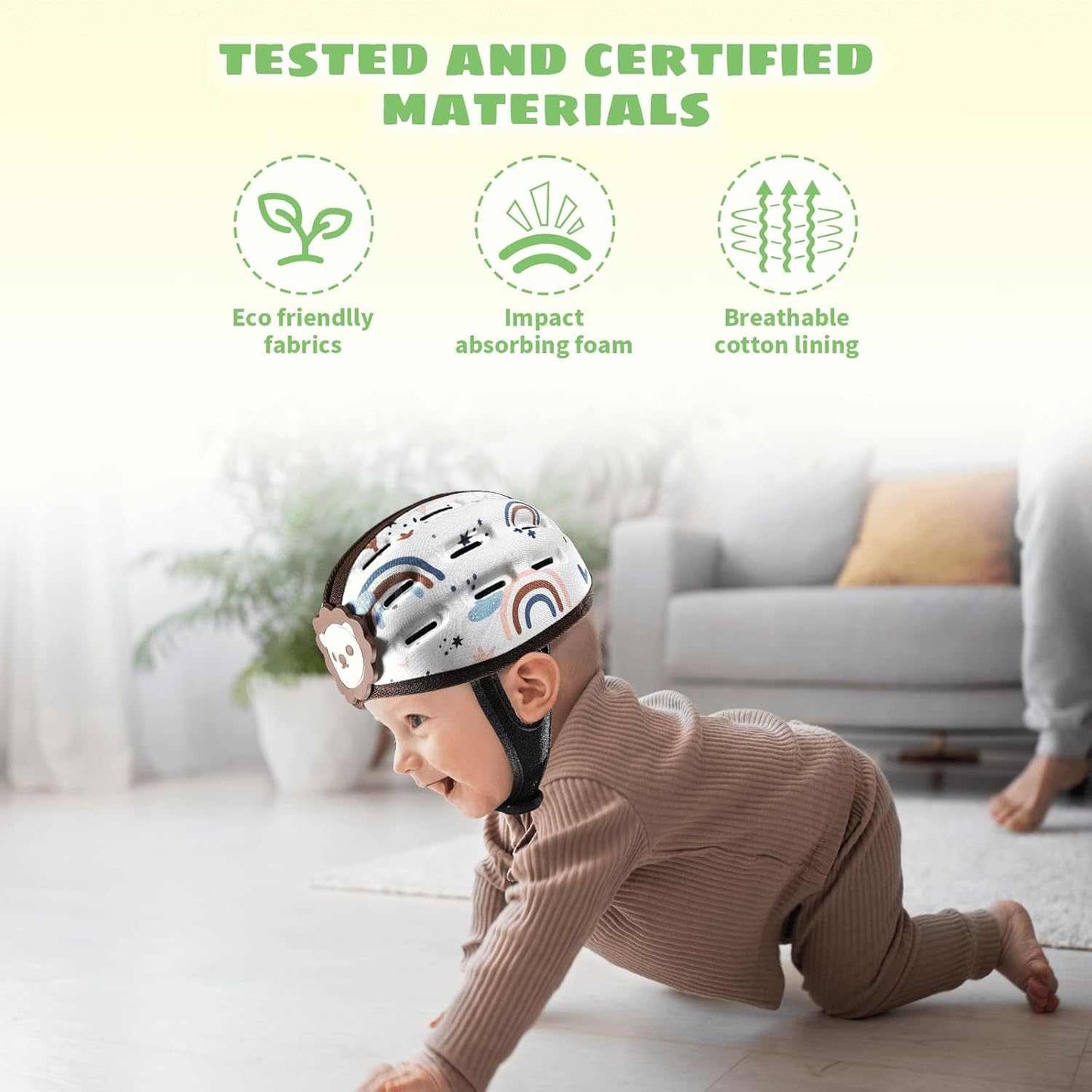 Baby wearing a helmet with eco-friendly, impact-absorbing foam, and breathable cotton lining features.
