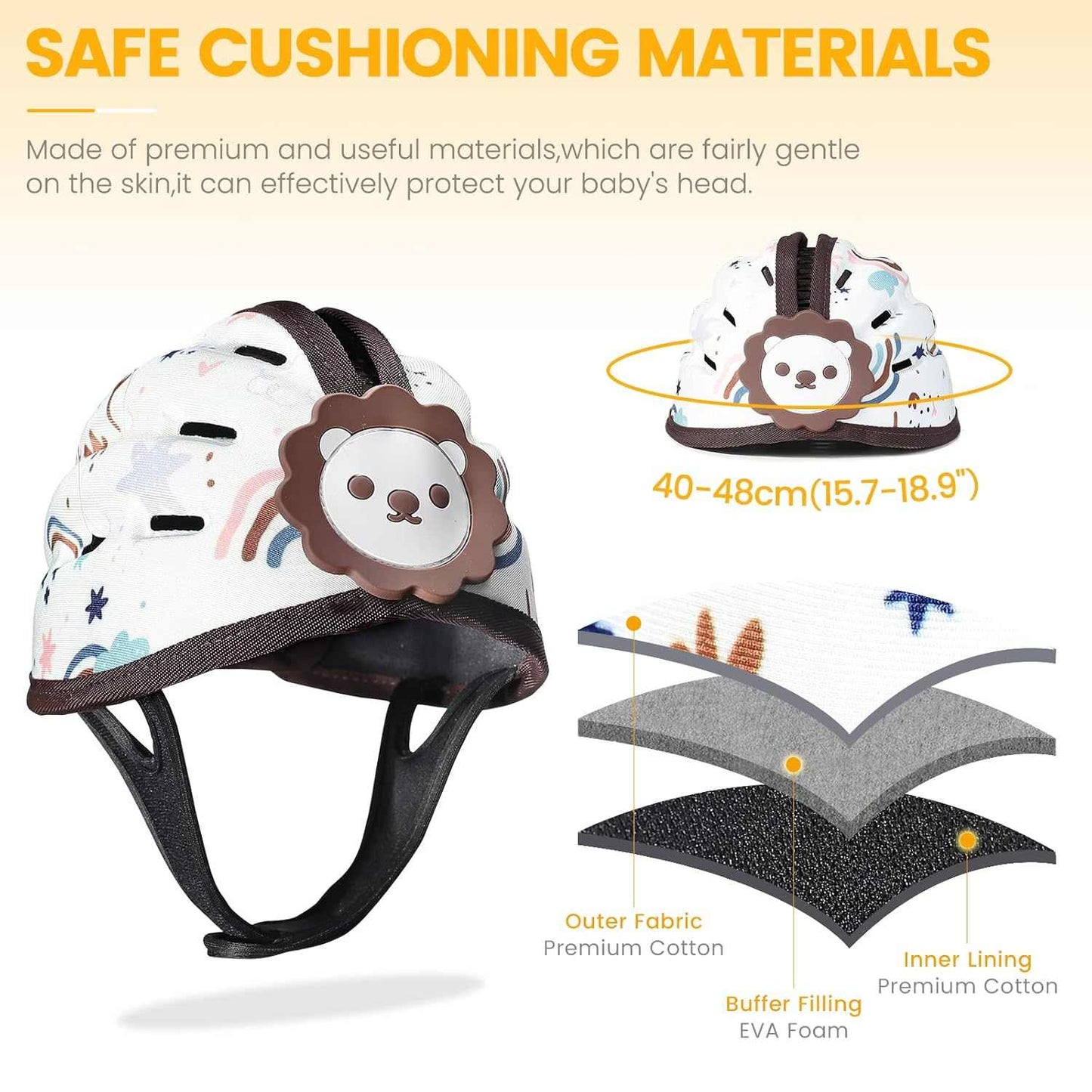 Children's helmet with lion design and safety features highlighted on a white background