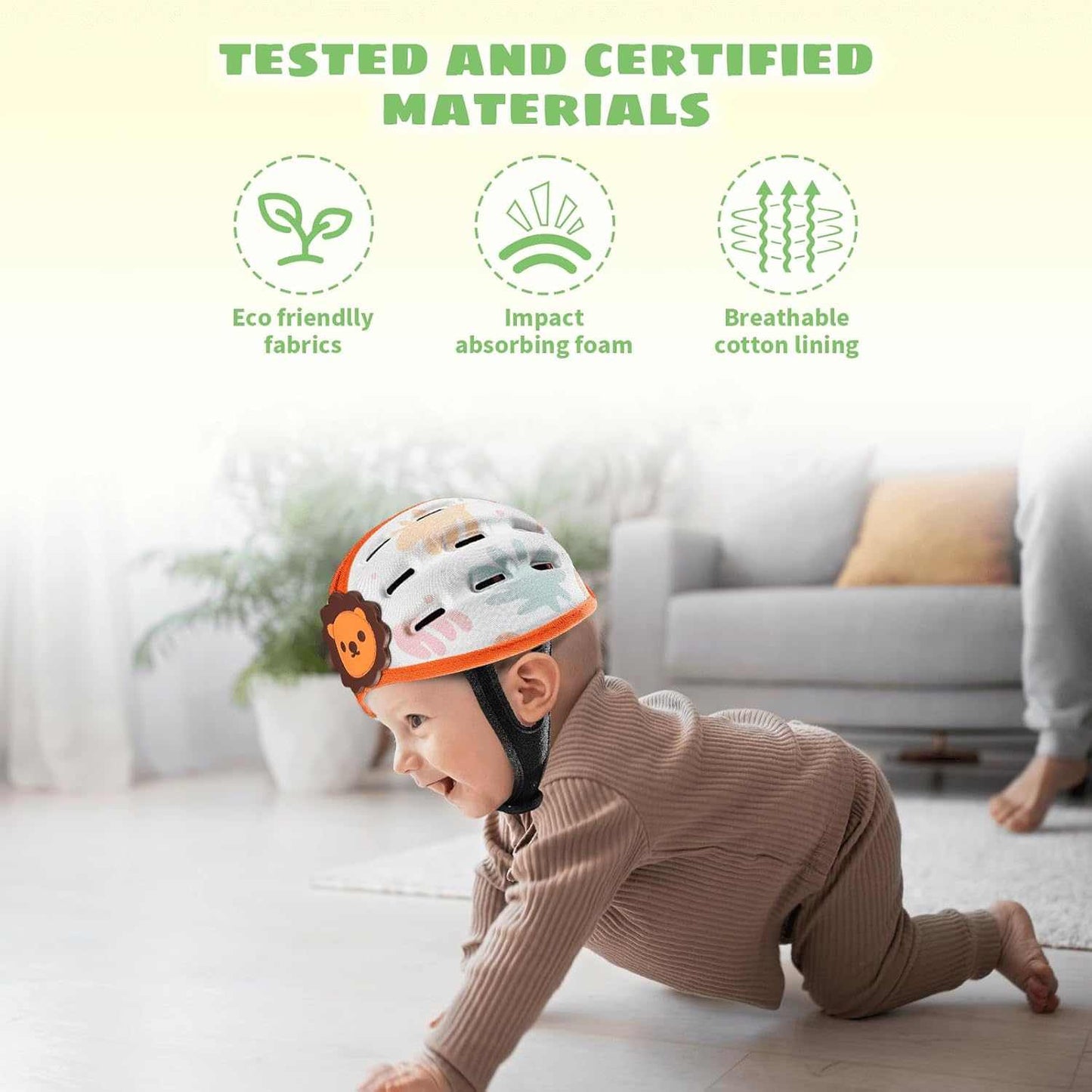 Child wearing a helmet with text about tested and certified materials on a light background