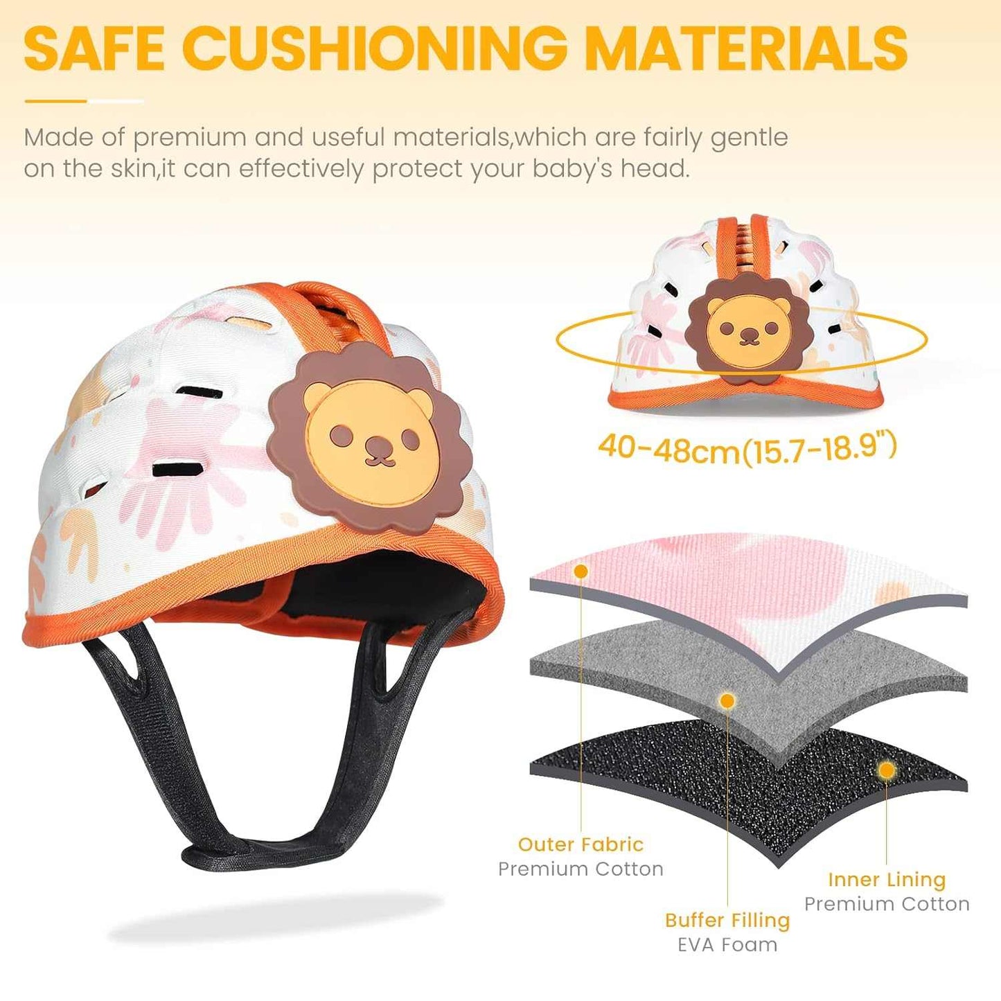 Baby helmet with lion design and safety features highlighted on a white background