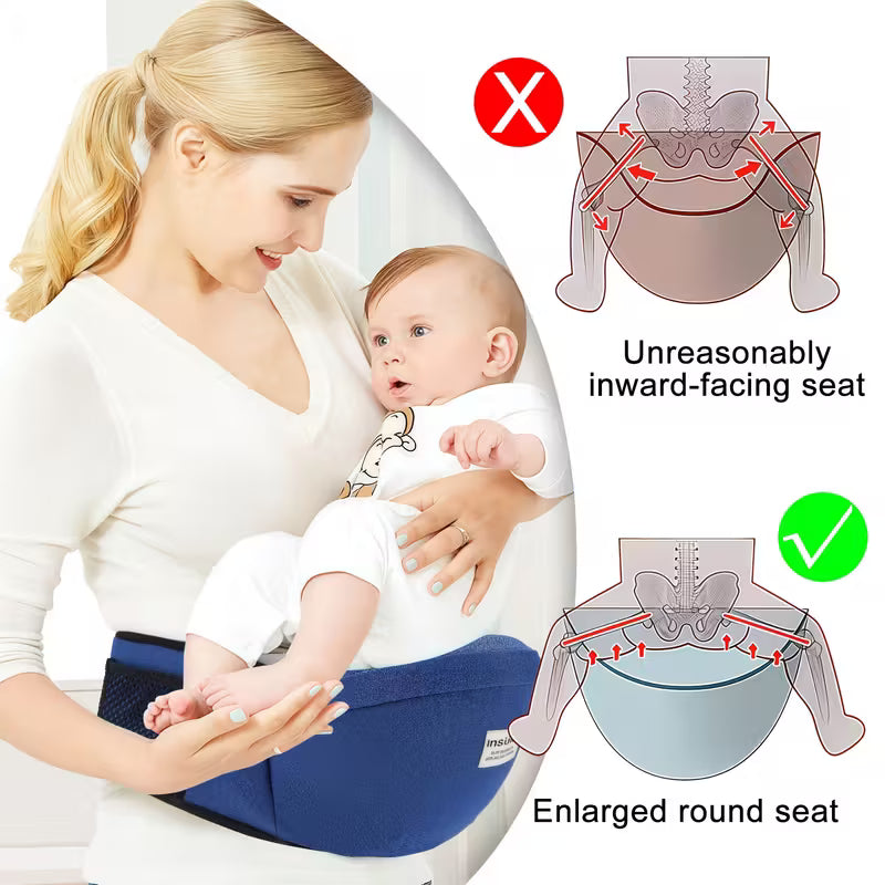 Woman holding a baby in a carrier with anatomical diagrams showing correct and incorrect seat positions.