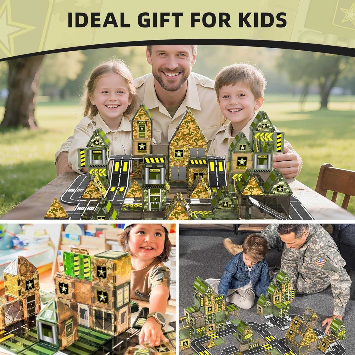 Children playing with a toy military base set in an outdoor setting, with text 'Ideal Gift for Kids'.