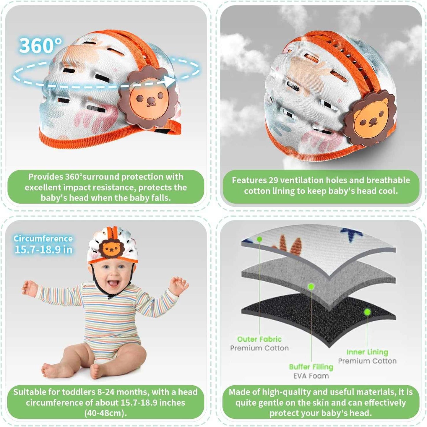 Baby helmet with features and benefits displayed on a gray background