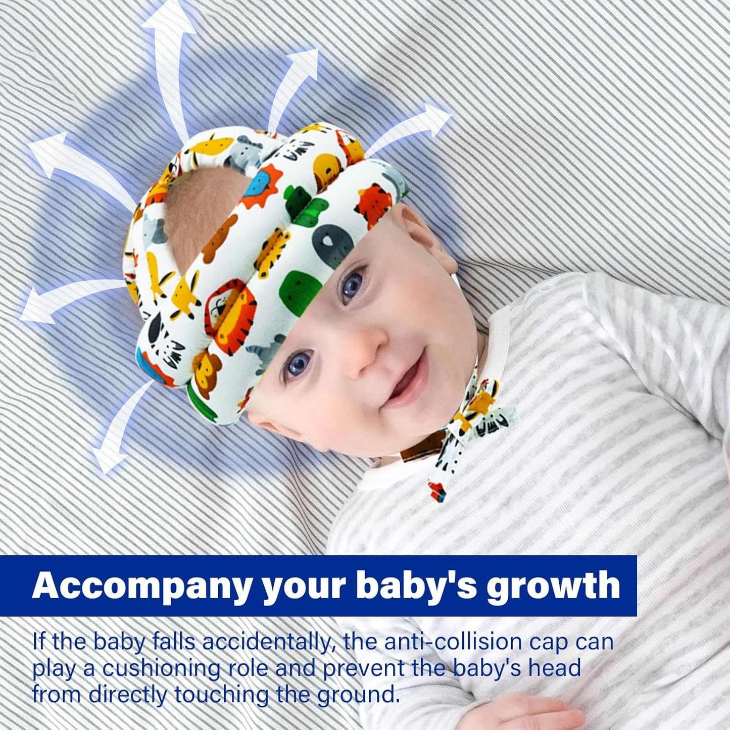 Baby wearing an anti-collision cap with colorful animal design on a striped background.