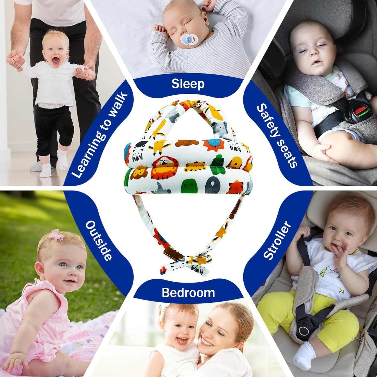 Baby product with various uses including sleeping, safety seats, learning to walk, outside, bedroom, and stroller.