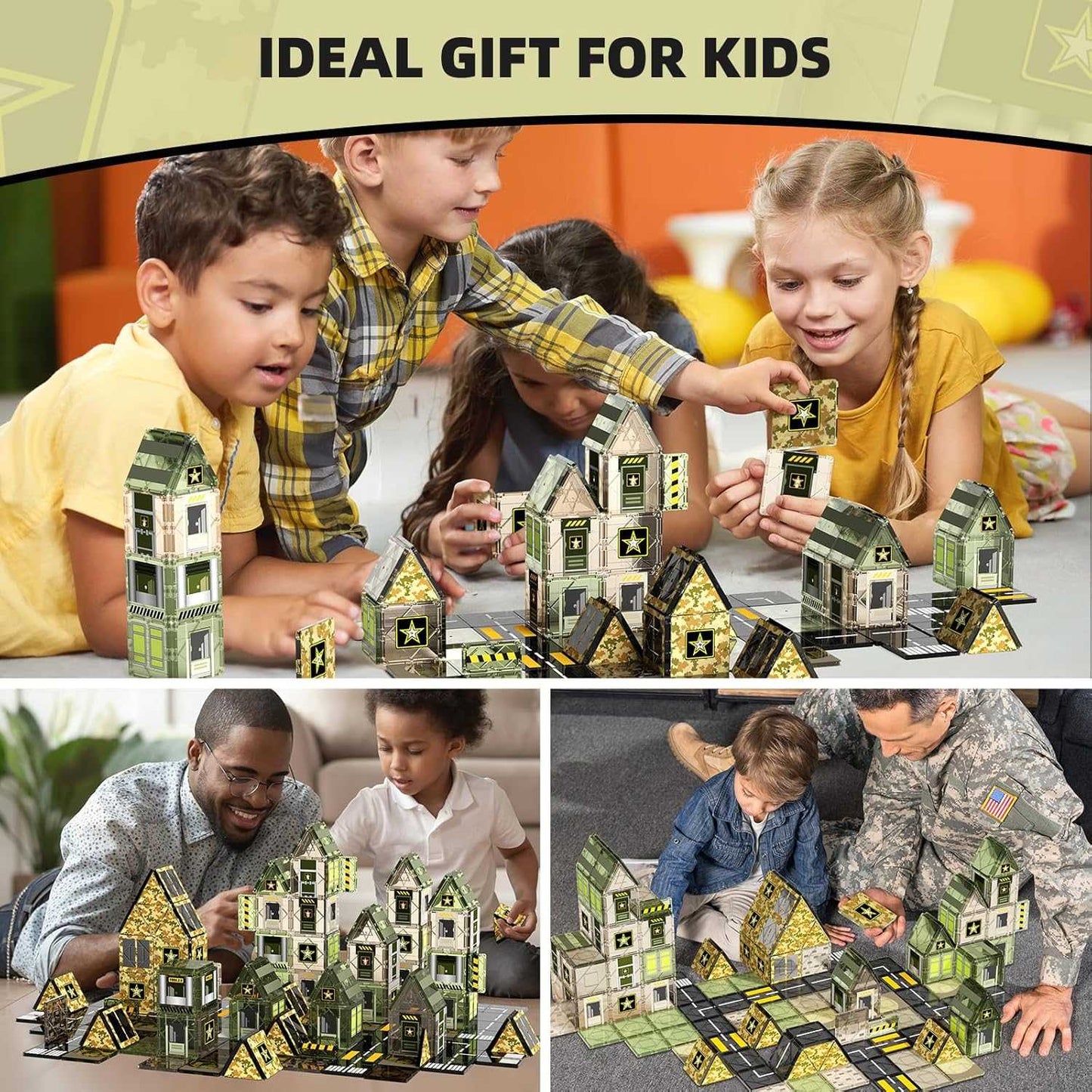 Children playing with a set of building blocks shaped like houses, labeled as an ideal gift for kids.