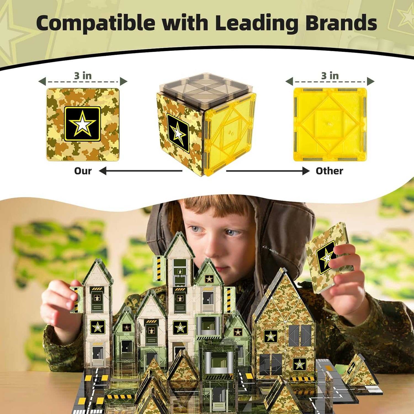 Child playing with a toy set, comparing 'Our' brand to 'Other' brand cubes.