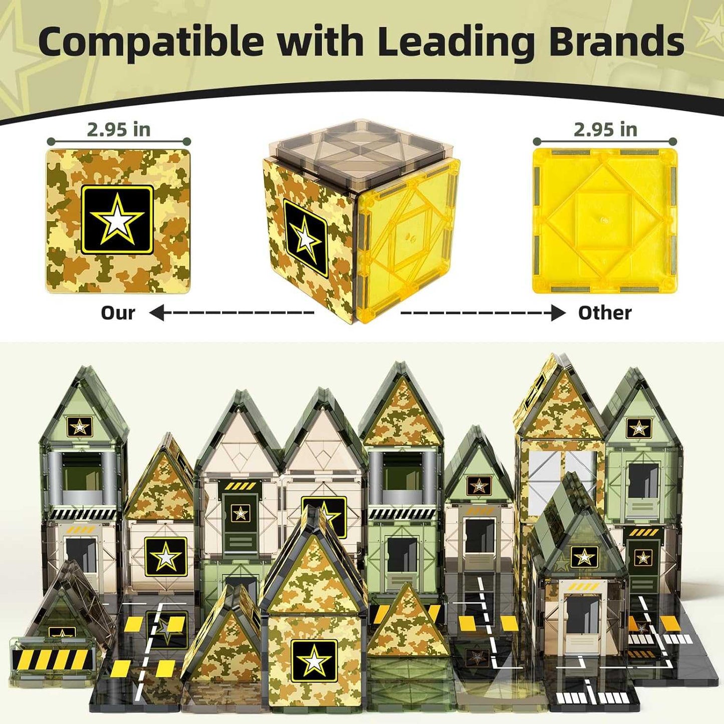 Toy building set with camouflage design, compatible with leading brands, on a light beige background.