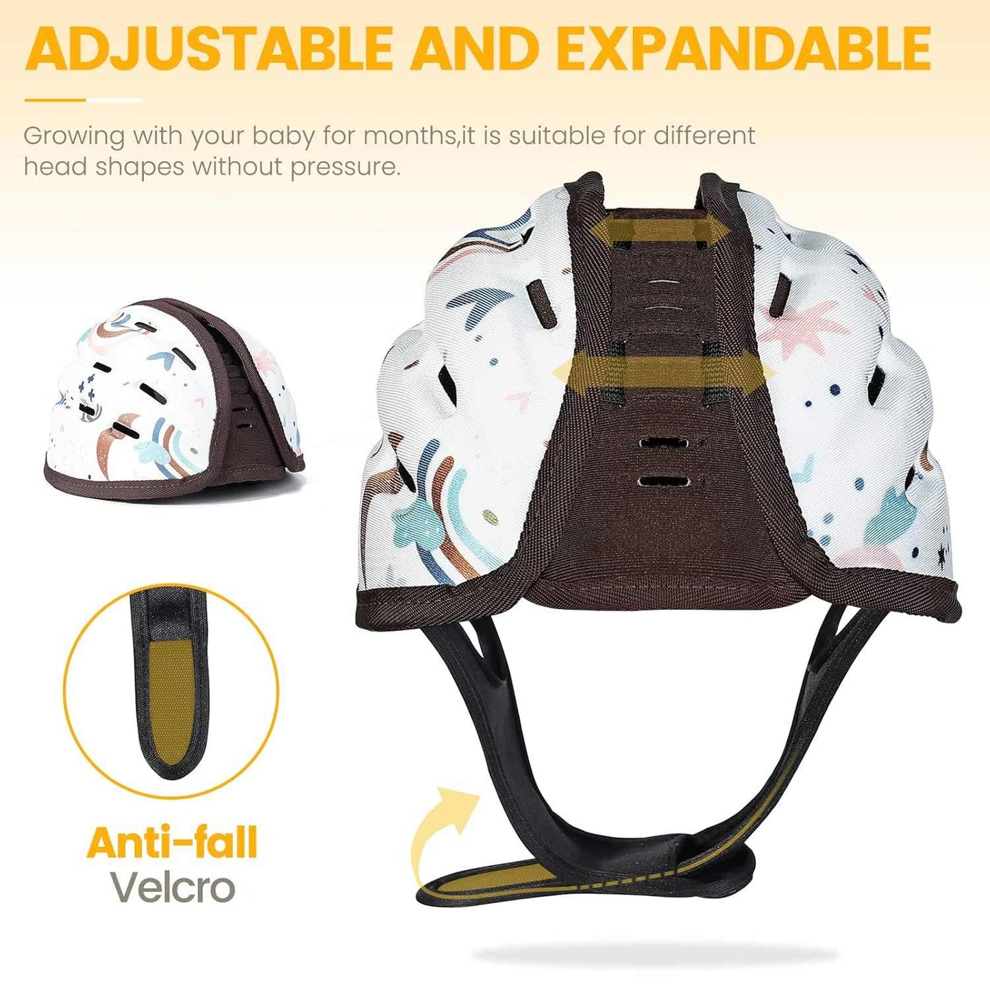 Baby safety helmet with adjustable straps and patterned design on a white background