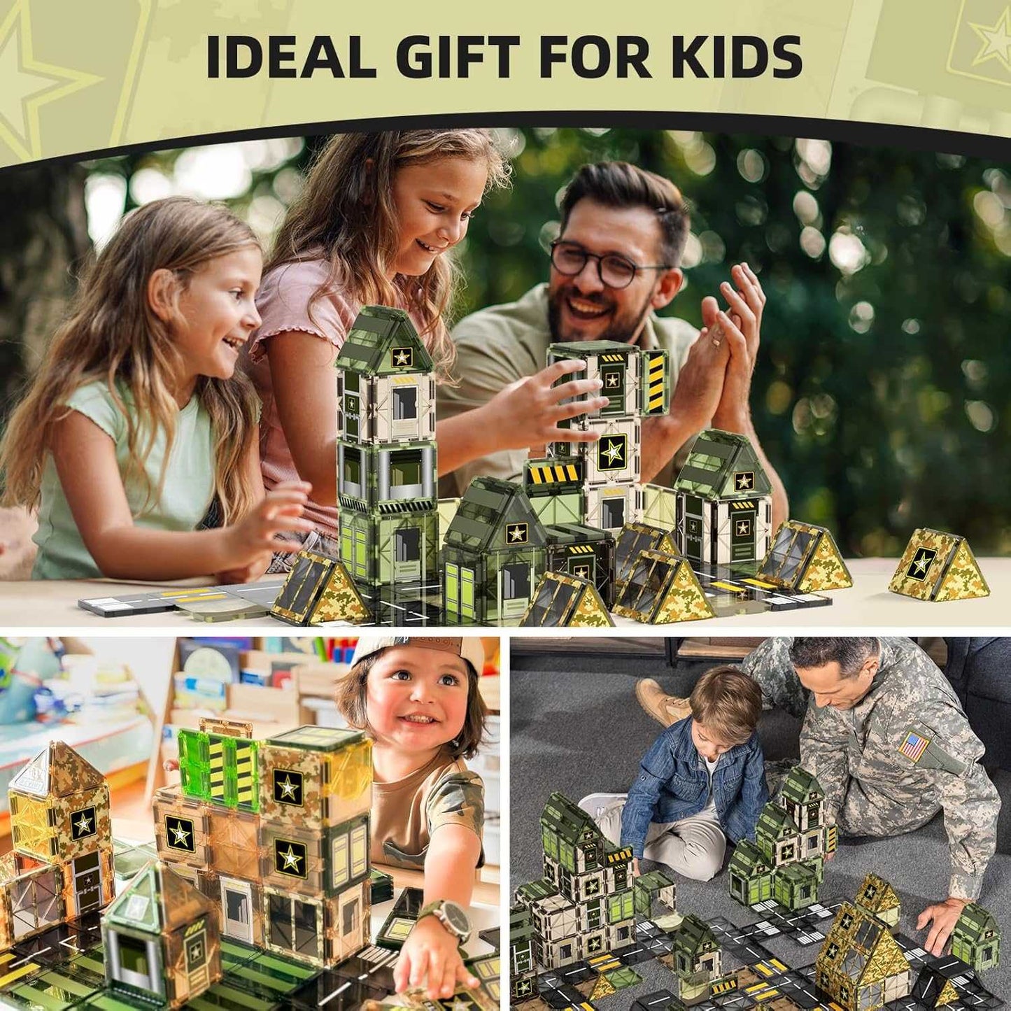 Collage of children playing with a toy building set, labeled 'Ideal Gift for Kids'.