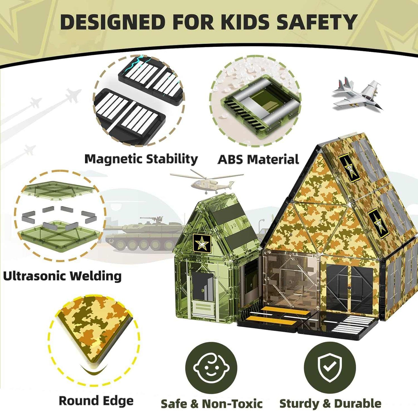 Toy structure with safety features highlighted, including magnetic stability, ABS material, ultrasonic welding, round edges, safety, and durability.