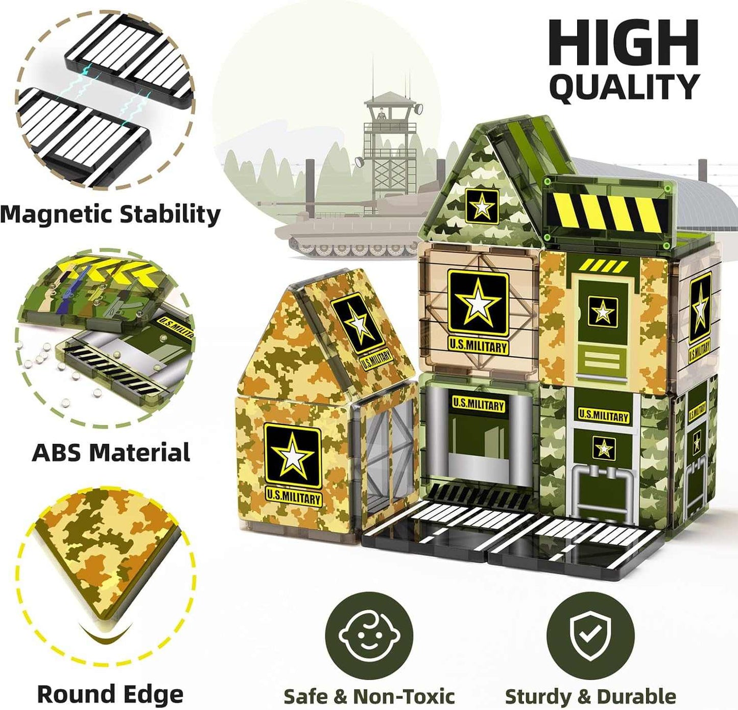 Military-themed building block set with ABS material, magnetic stability, and round edges on a white background.