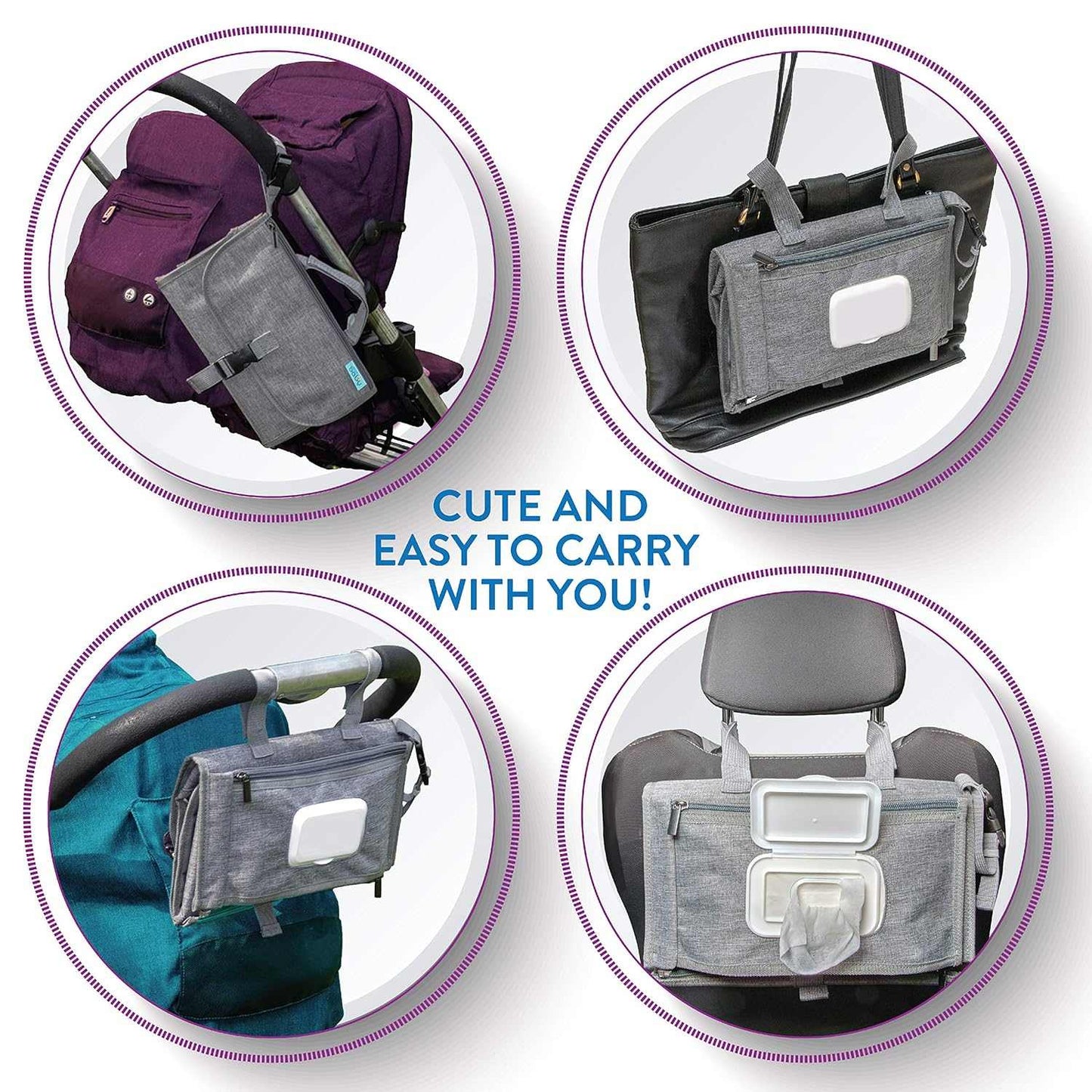 Collage of a gray bag attached to various items with text 'Cute and easy to carry with you!'.
