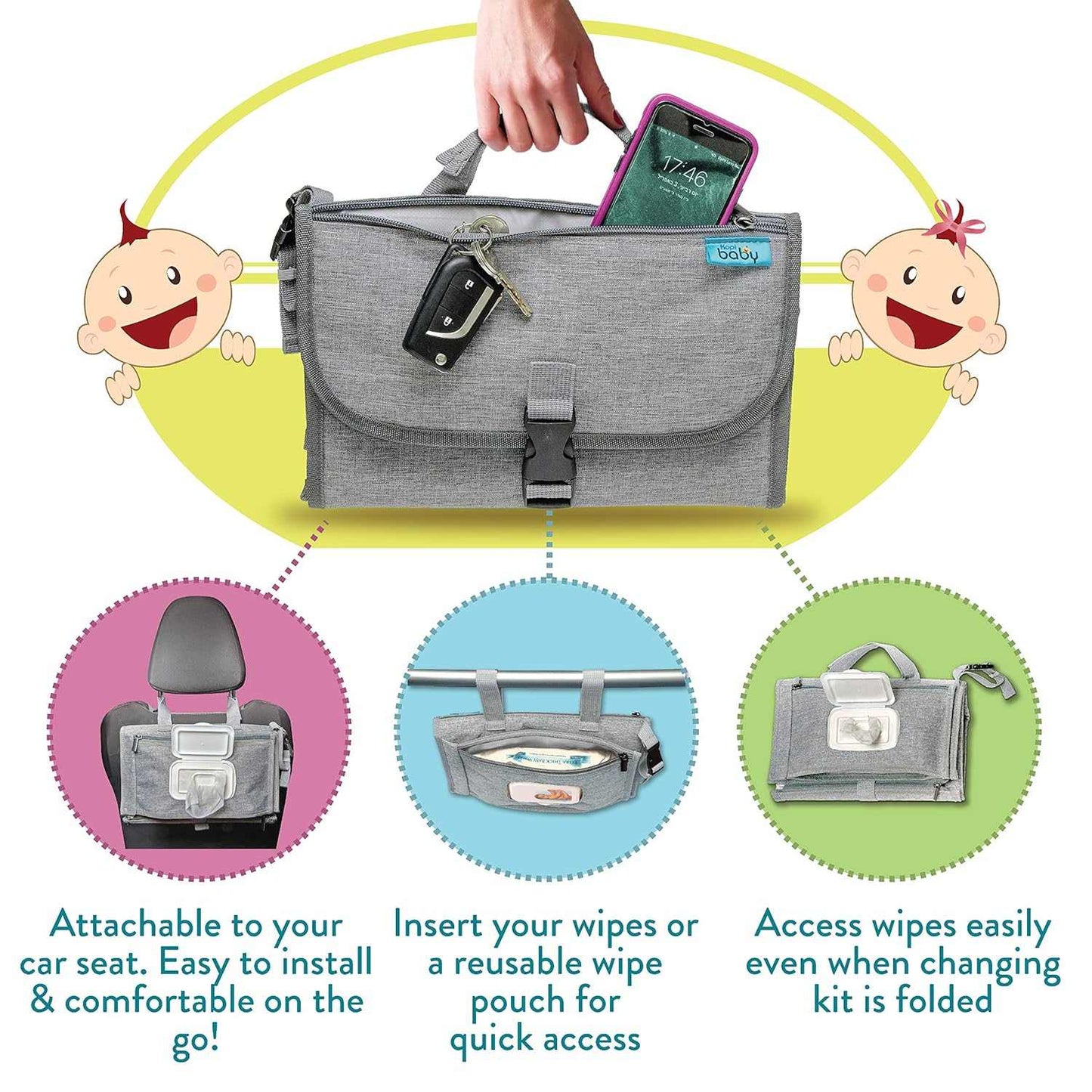 Gray diaper bag with various uses and features highlighted on a white background
