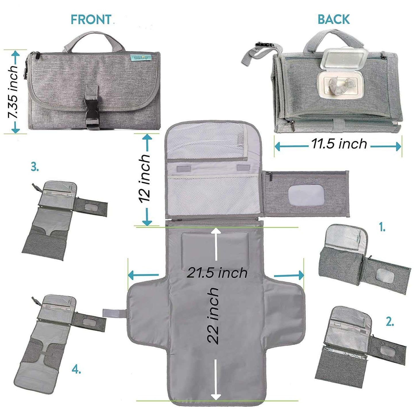 Gray pouch with multiple views and measurements on a white background