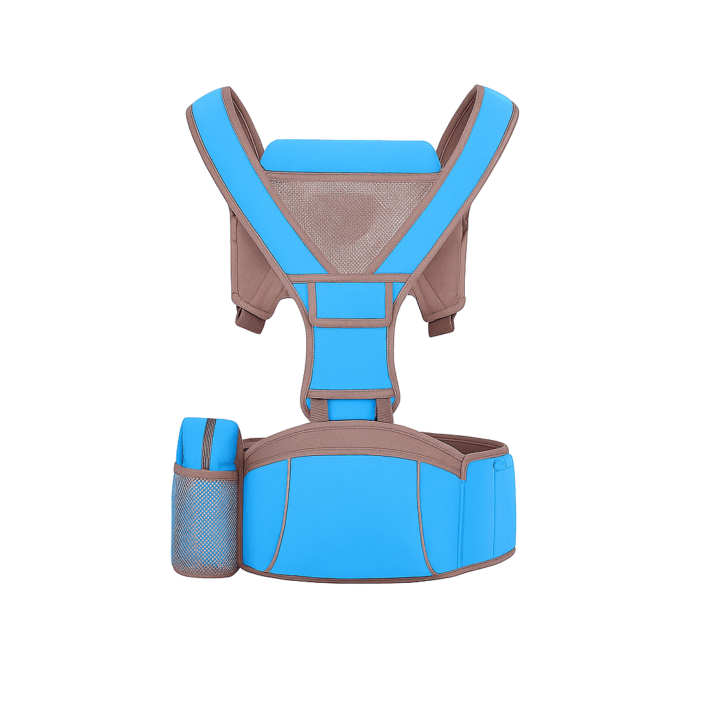 Blue and brown baby carrier on a white background