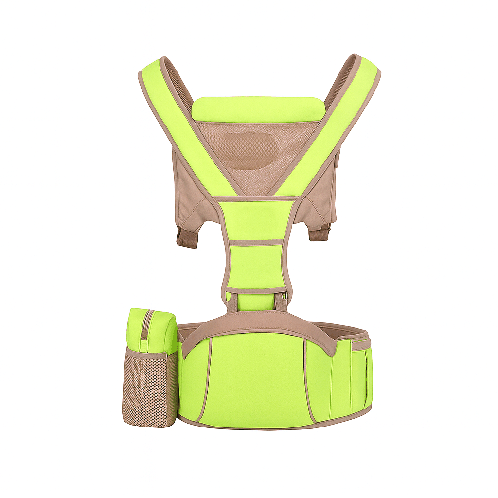 Green and brown baby carrier with pouch on a white background