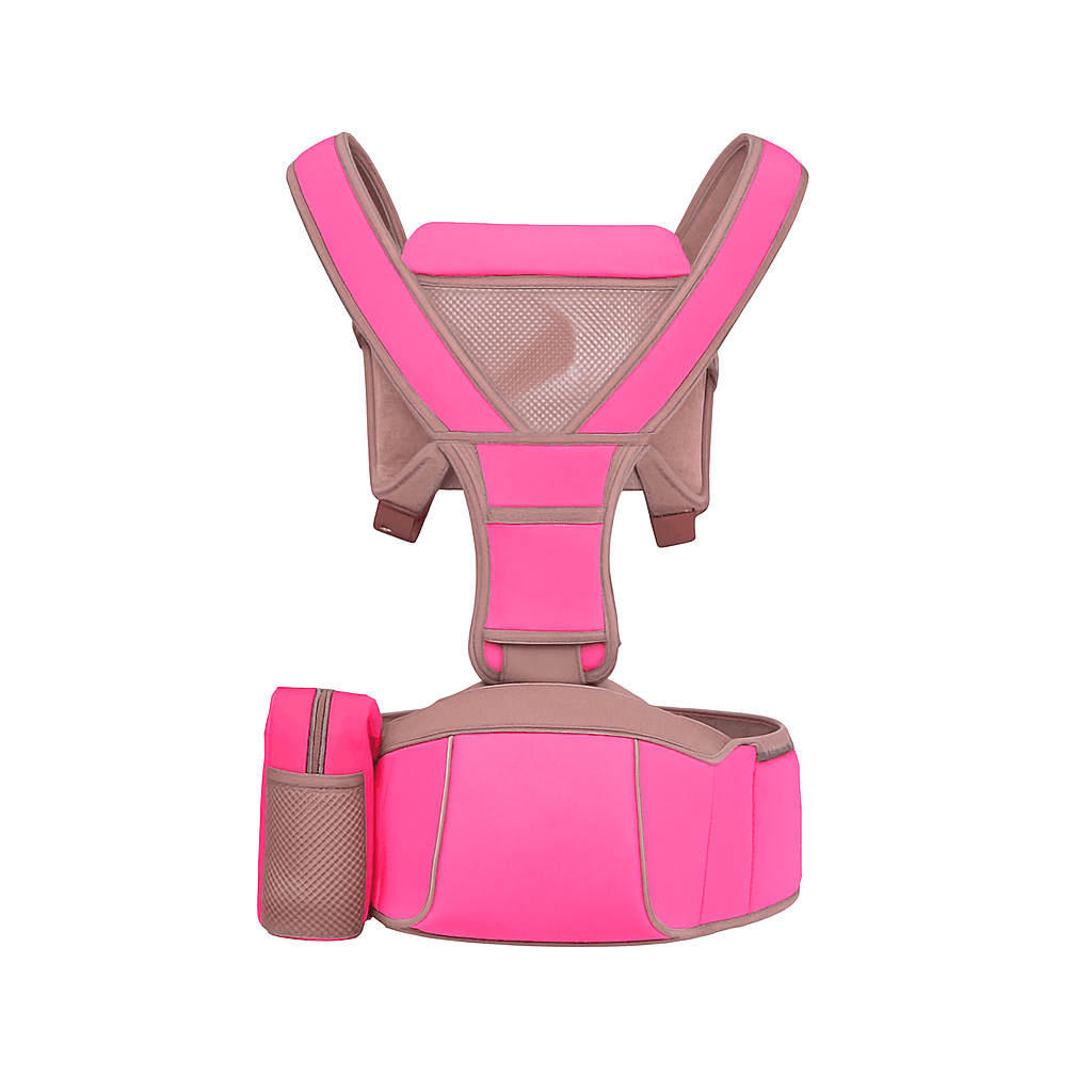 Pink and brown baby carrier on a white background