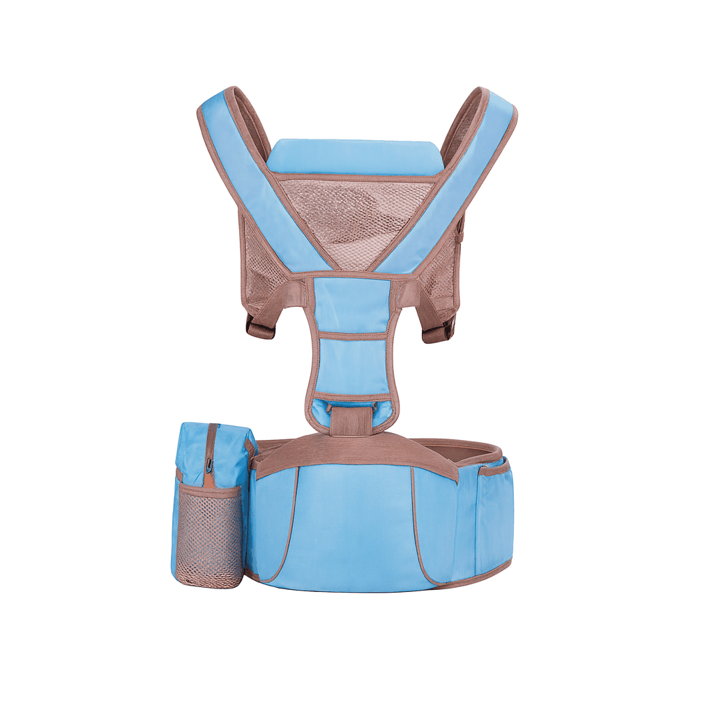 Blue and brown baby carrier on a white background