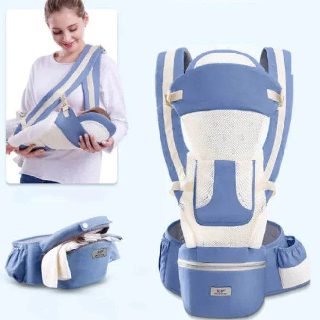 Blue ergonomic baby waist stool carrier with breathable mesh and adjustable straps for hands-free support
