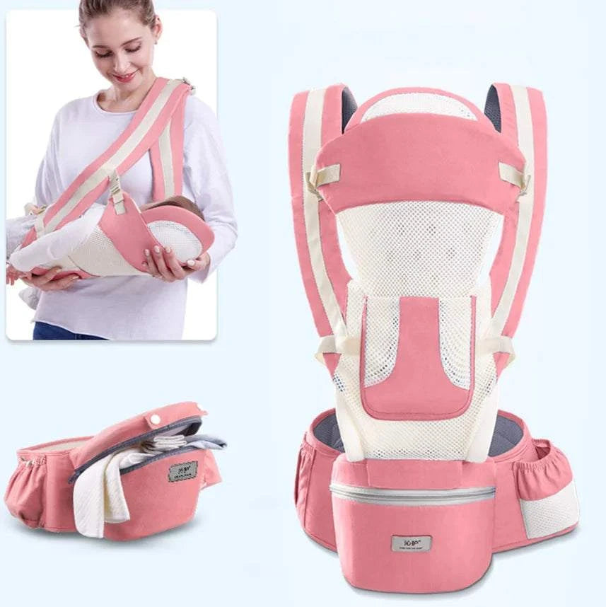 Pink baby carrier with multiple views and a woman holding a baby.