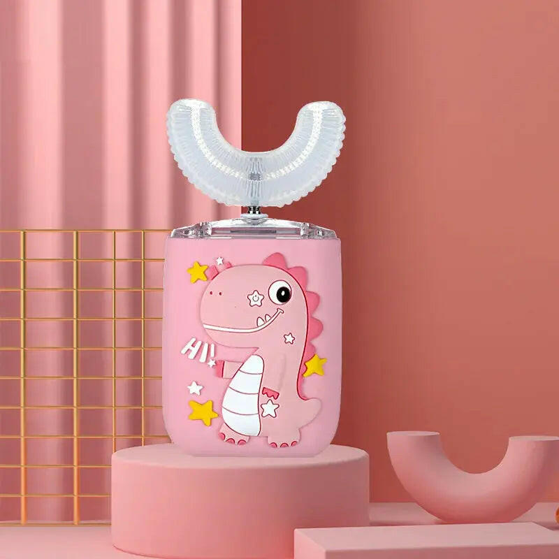 Pink dinosaur-themed product on a pink stand with a pink background SWEVVA™ BrightBuddies 360° U-Shaped Kids Toothbrush