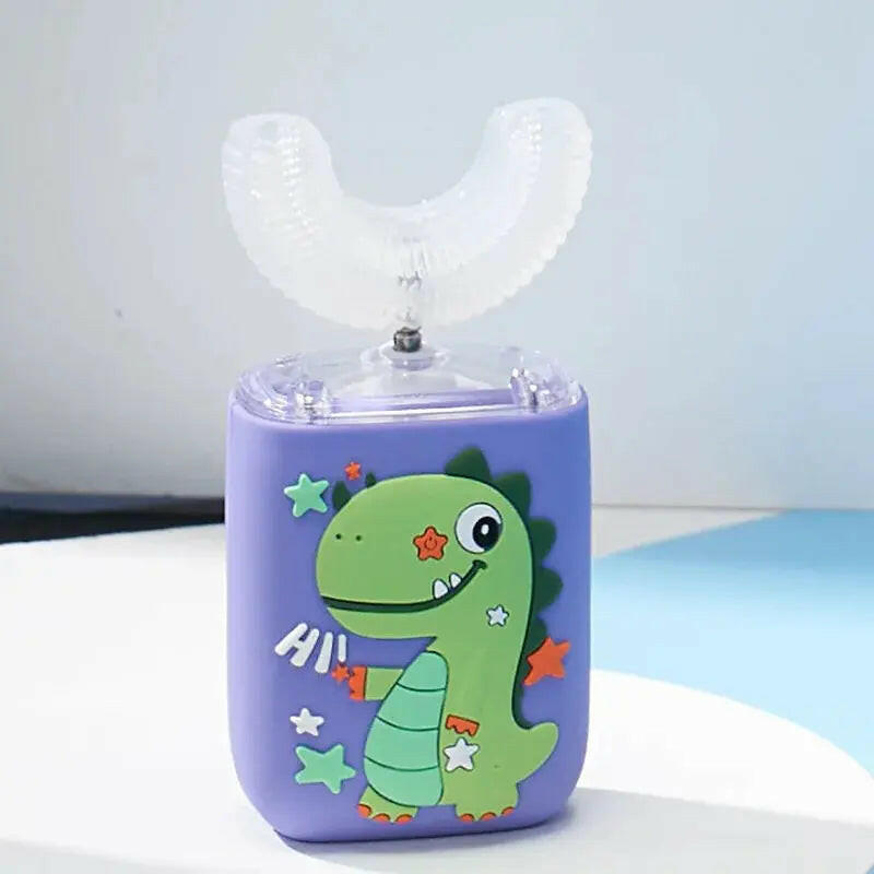 Children's toothbrush with dinosaur design on a light blue background SWEVVA™ BrightBuddies 360° U-Shaped Kids Toothbrush
