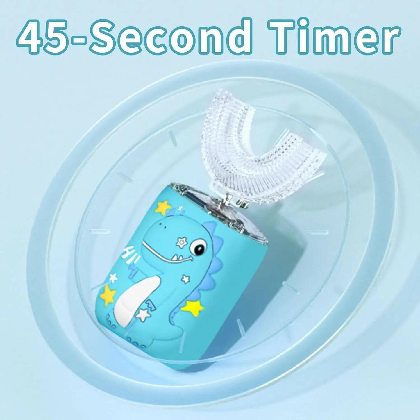 45-second timer with a cartoon design on a light blue background. SWEVVA BrightBuddies 360° U-Shaped Kids Electric Toothbrush