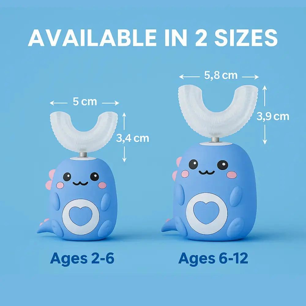 Two cartoon whale-shaped toothbrushes with size measurements on a blue background. SWEVVA DinoBrush 360° U-Shaped Kids Electric Toothbrush