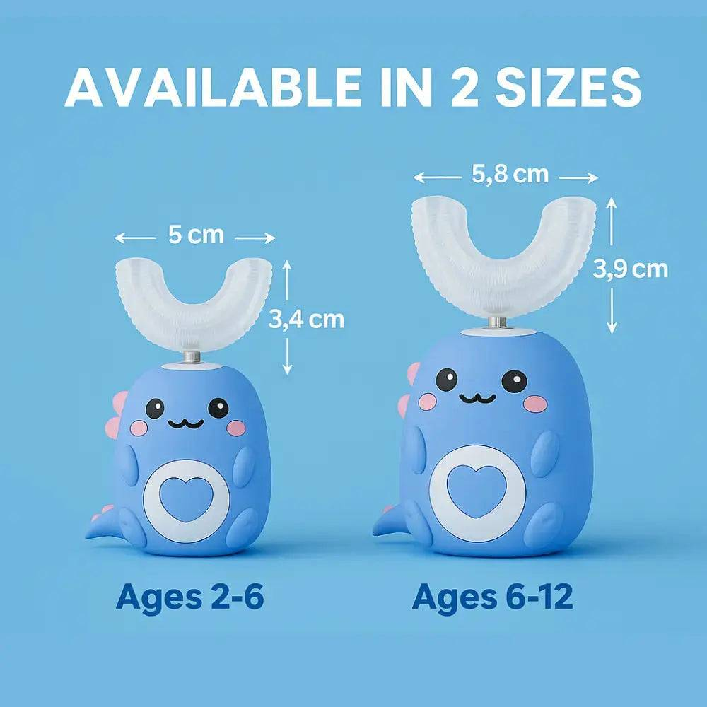 SWEVVA kids toothbrush replacement heads in two sizes with 360° silicone brush for ages 2-6 and 6-12 in blue cute dinosaur design